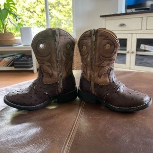 Roper Toddler Brown Ostrich Print with Tan Top Square Toe Western Boots size 8